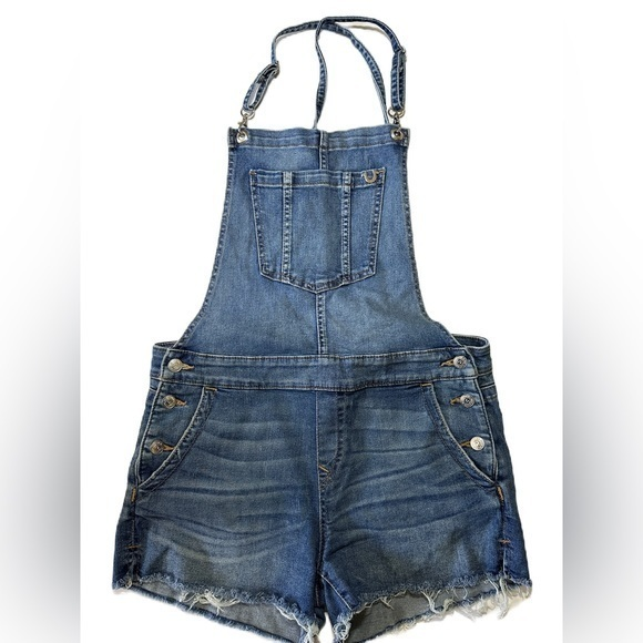 True Religion Denim Overall Shorts  Raw Hem Adjustable Straps Side Buttons Large - Picture 1 of 13